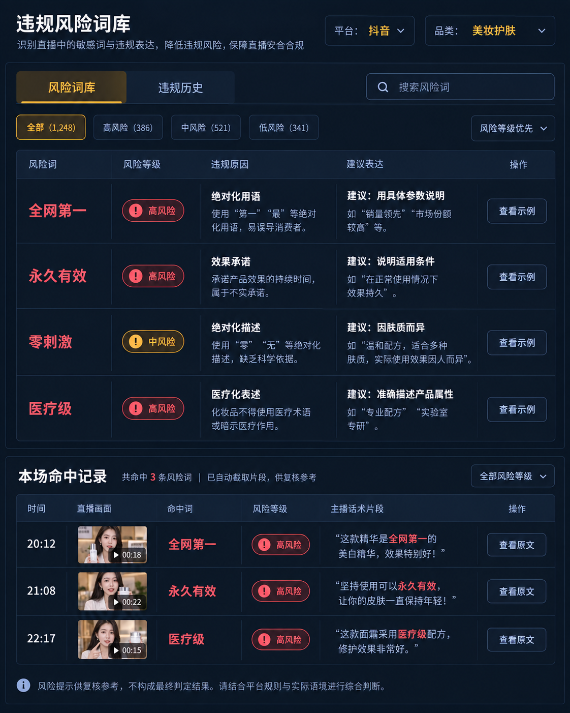 违规词库：平台品类筛选、风险词与命中记录