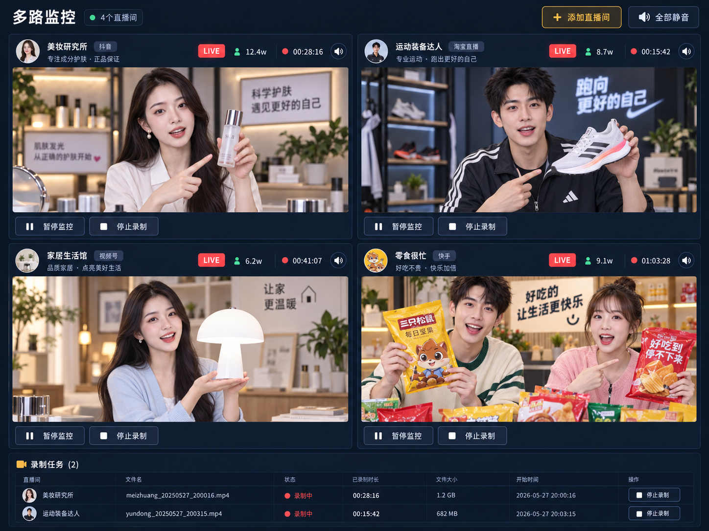多路监控：多个直播间与录制任务